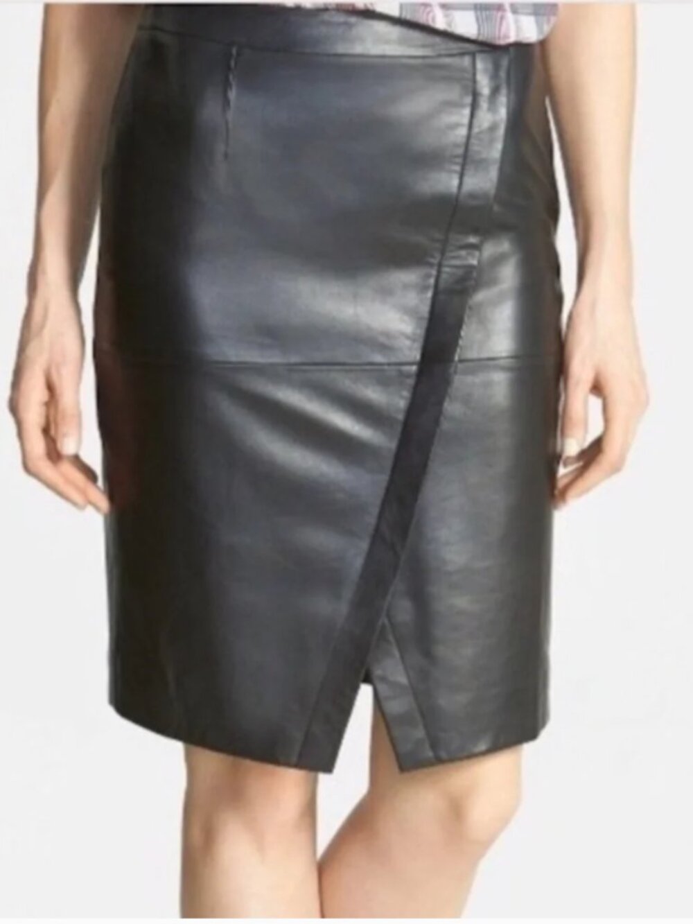 Halogen Leather Pencil Skirt Above-the-Knee with Diagonal Front Seam EUC Size 4